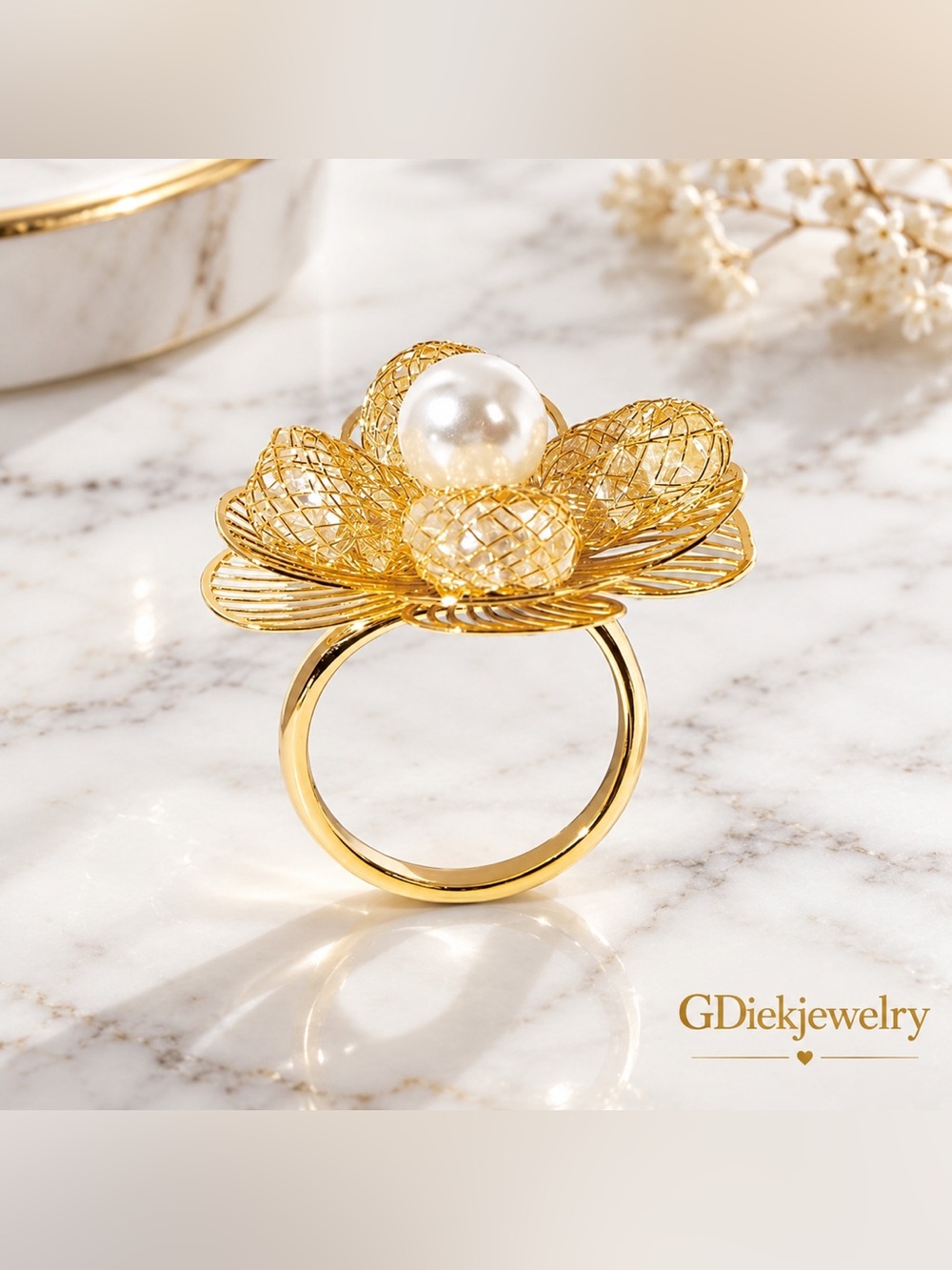 Gold Filled Adjustable Floral Pearl Statement Ring